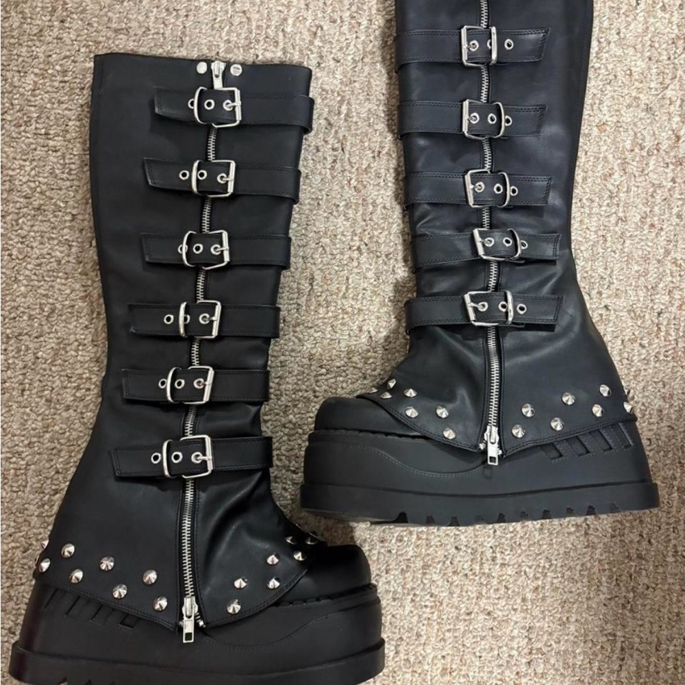 Demonia Boots, Black Studded Buckle Boots.